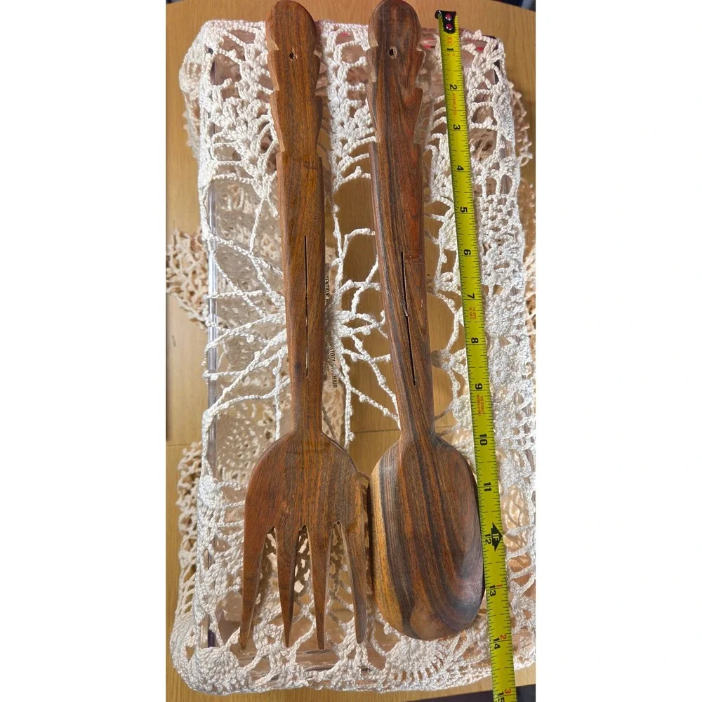 Vintage Hand Carved Wooden Tiki Tribal Salad Servers Spoon and Fork Set 14 Inch